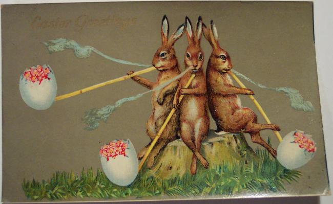 Easter-postcard-funny-rabbits-smoking-flowers-egg-pipes