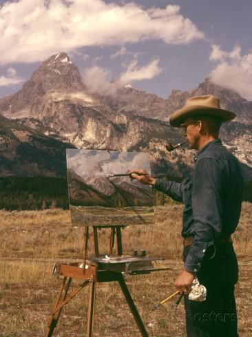 1950s-1960s-man-artist-smoking-pipe-painting-mountain-landscape-grand-tetons-wyoming